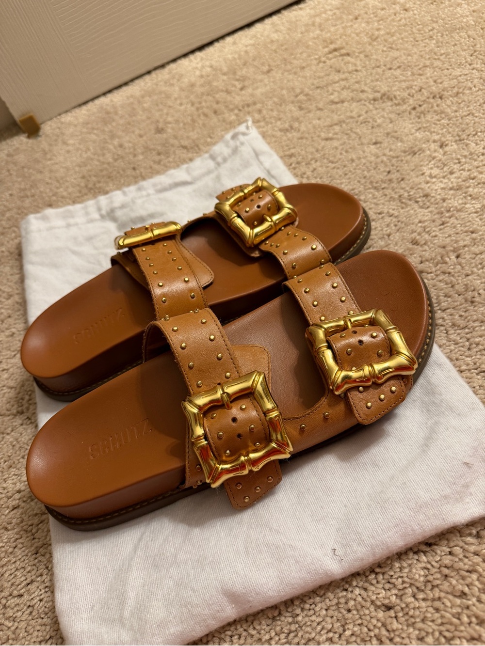 SCHUTZ Tan Leather Double-Buckle Slide Sandals with Gold Buckles - Picture 2 of 4